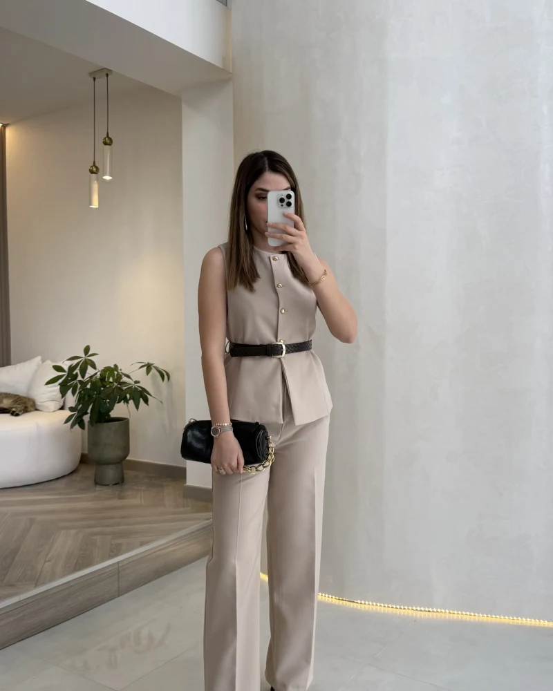 Moon Kemerli İspanyol Kesim Yelek Pantolon Takım - Taş - Kod: 8891