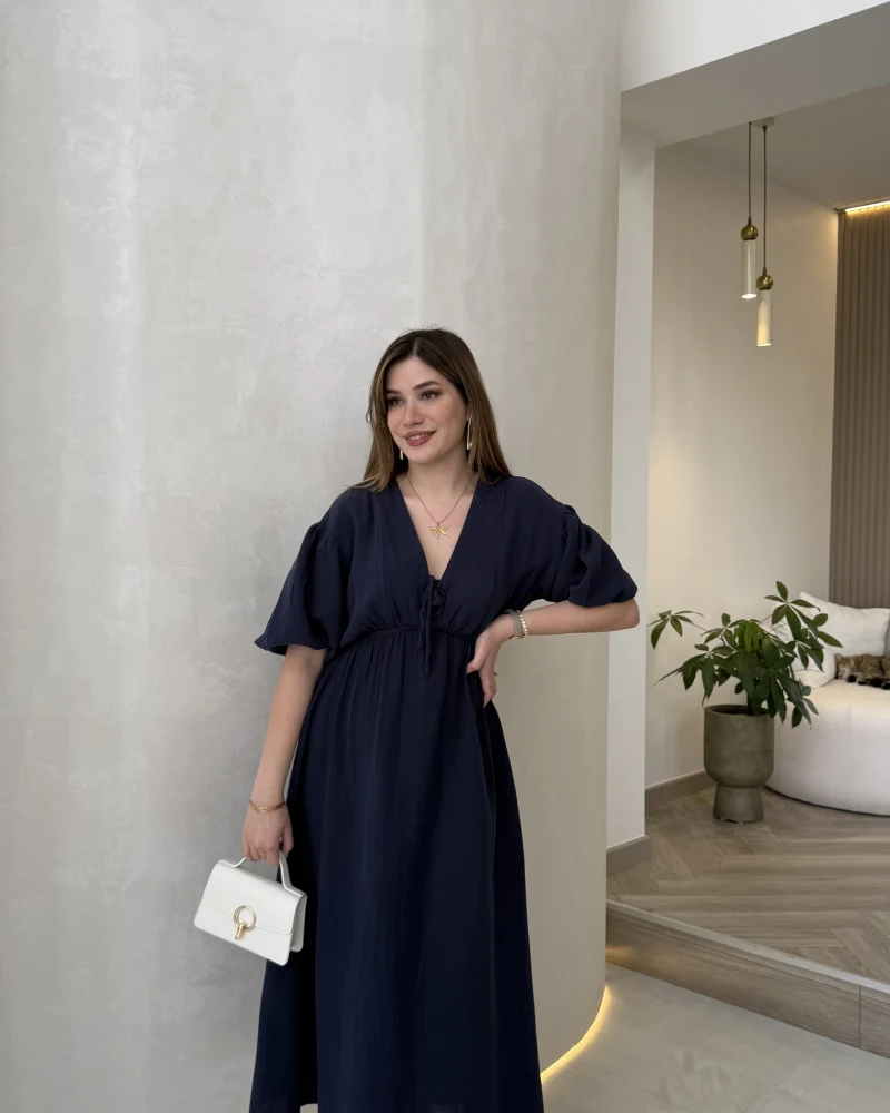 Becca Müslin Kumaş Elbise - Lacivert - Kod: 3008