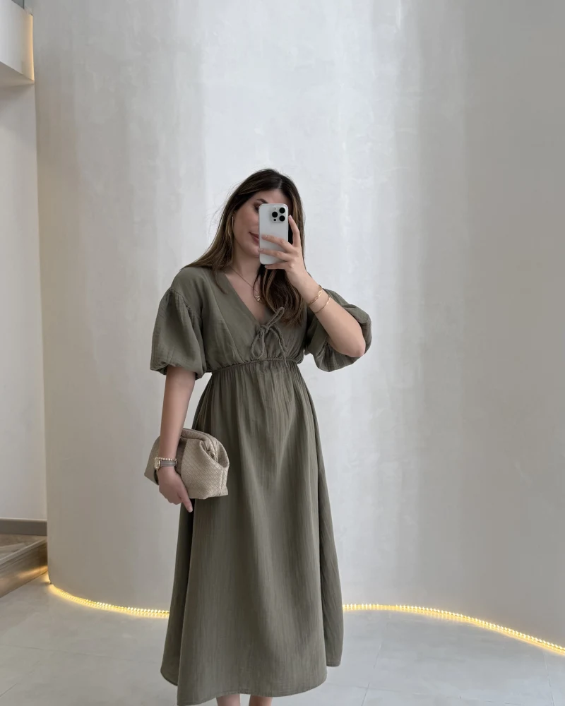 Becca Müslin Kumaş Elbise - Haki - Kod: 3008