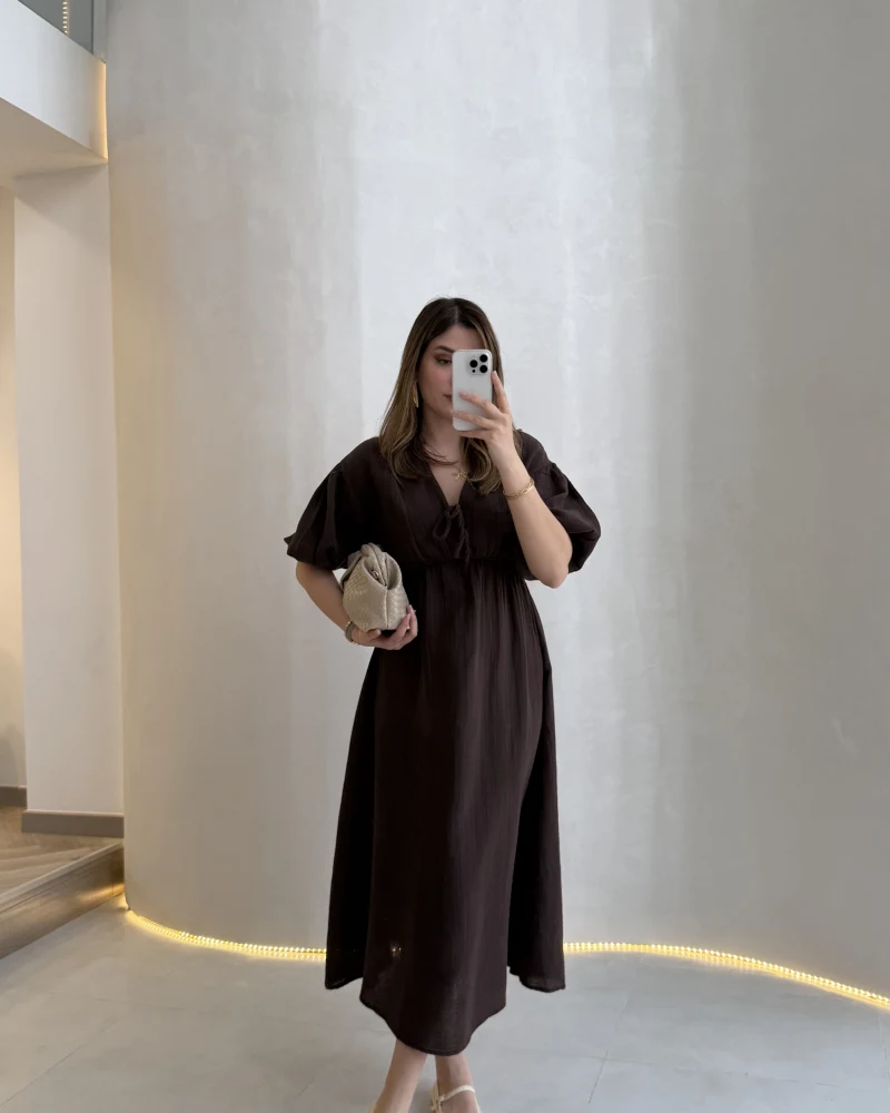 Becca Müslin Kumaş Elbise - Acı Kahve - Kod: 3008