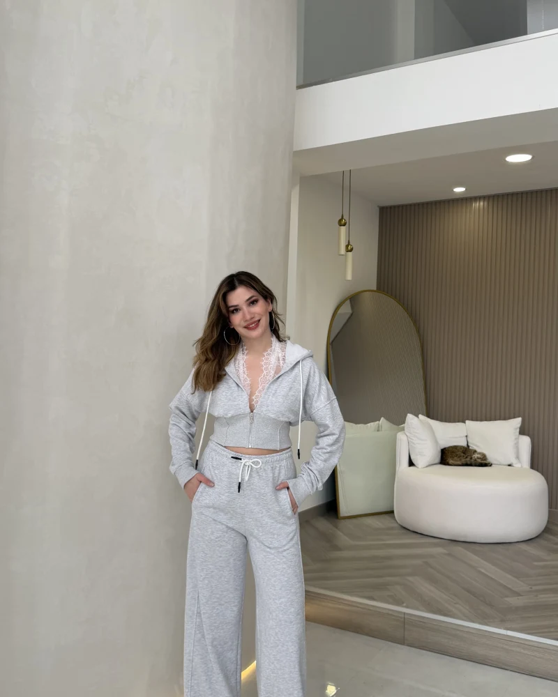 Herra Dantel Detay Kapüşonlu Crop Eşofman Takım - Gri