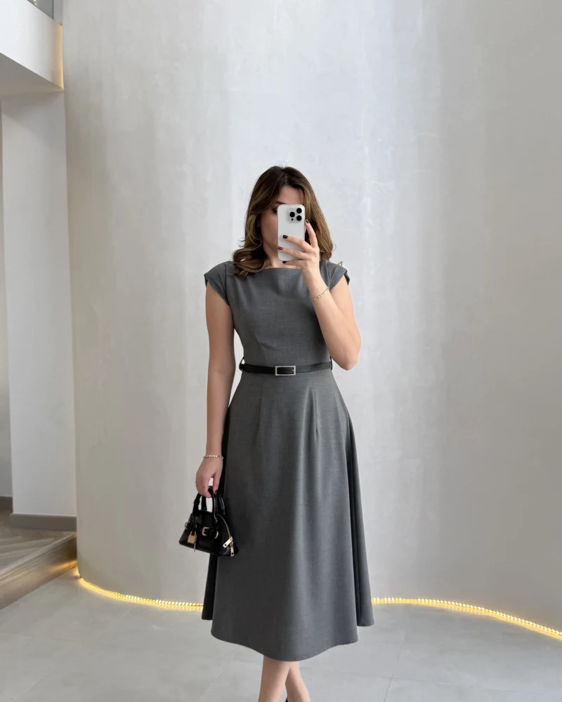 Bonita Vatkalı Midi Boy Kemerli Elbise - Antrasit