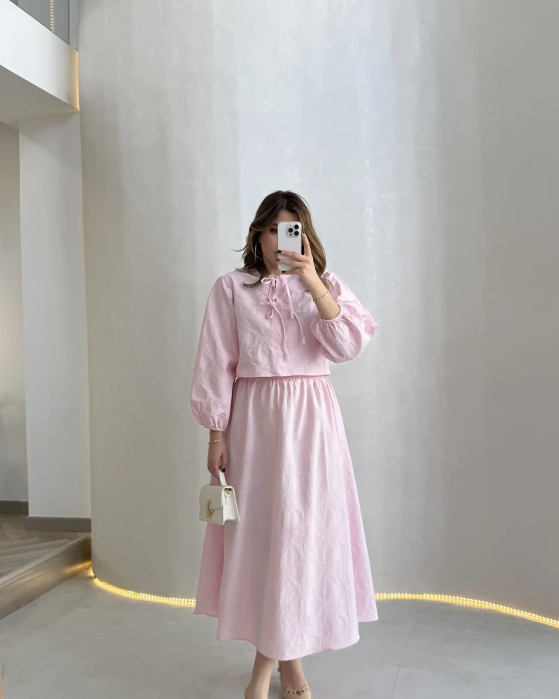 Brera Balon Kol Dokulu Etek Bluz Takım - Pembe - Kod: 6045