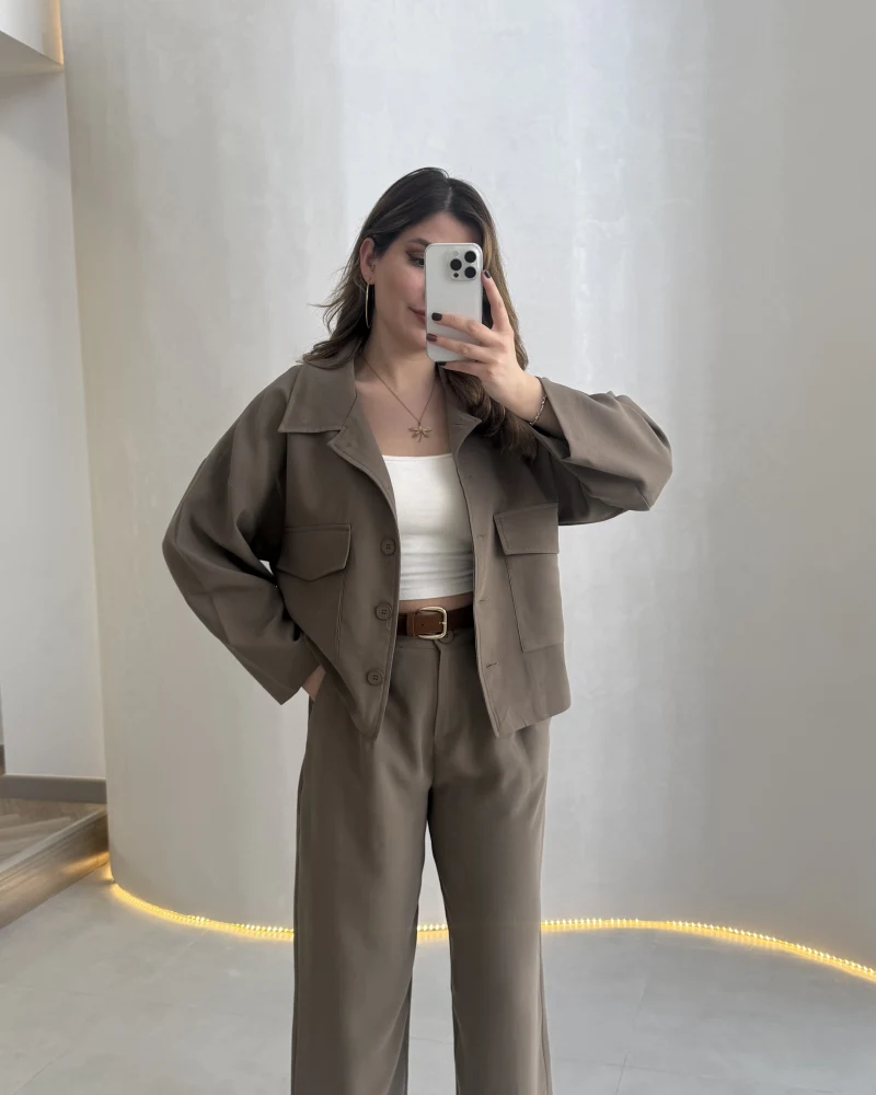 Cepli Kemerli Oversize Ceket-Pantolon Takım - Haki - Kod: 9025