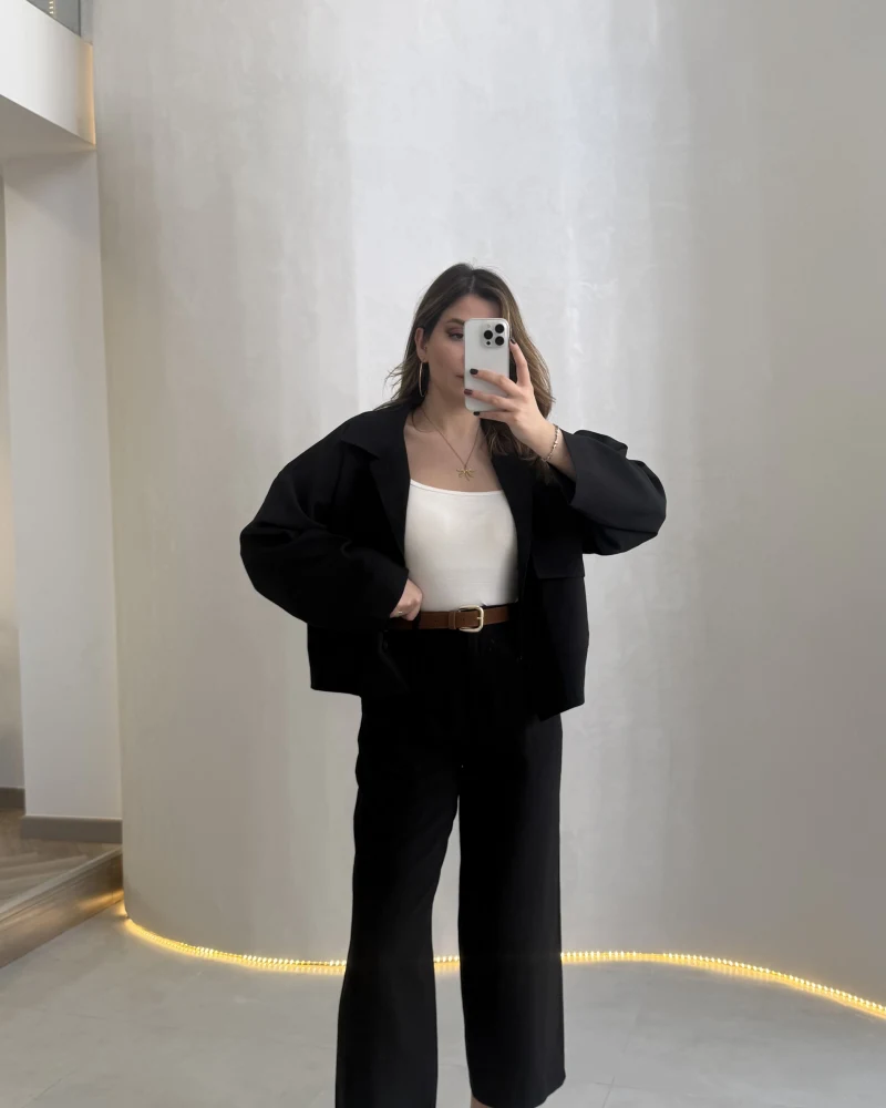 Cepli Kemerli Oversize Ceket-Pantolon Takım - Siyah - Kod: 9025