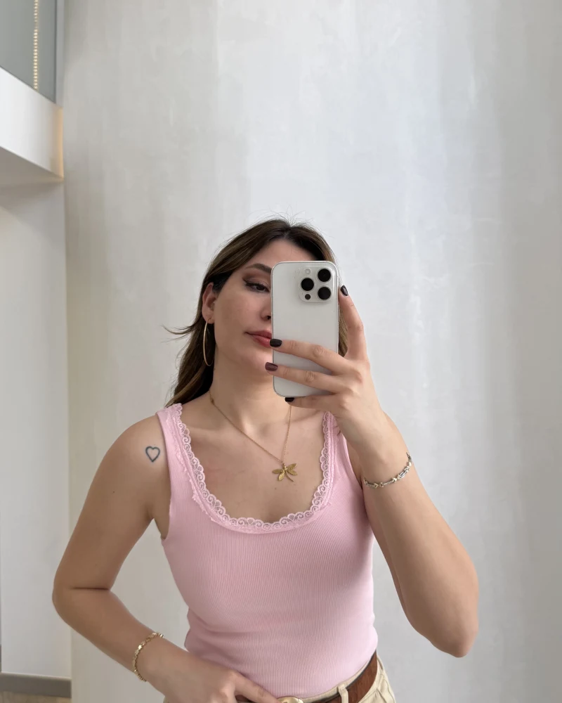 Fitilli Dantel Detay Kalın Askılı Body - Pembe