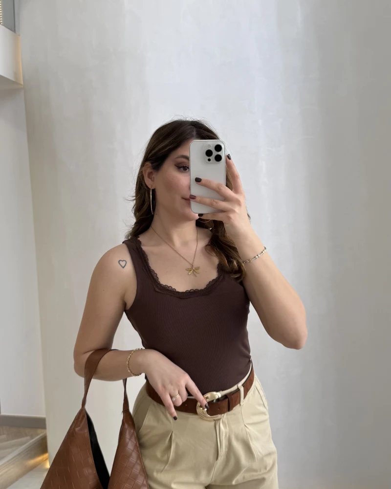 Fitilli Dantel Detay Kalın Askılı Body - Kahverengi