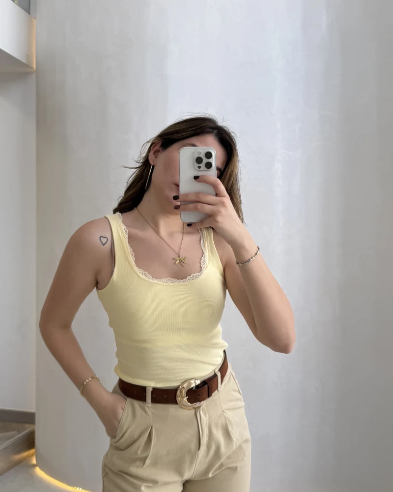 Fitilli Dantel Detay Kalın Askılı Body - Sarı