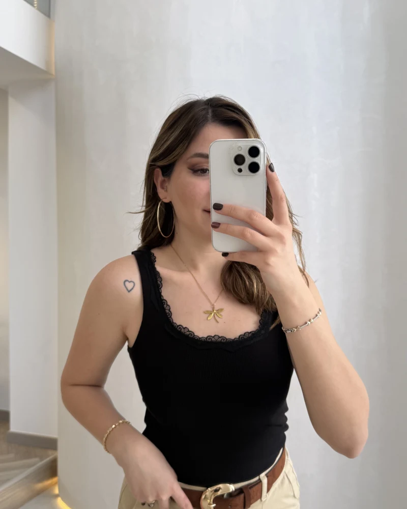 Fitilli Dantel Detay Kalın Askılı Body - Siyah