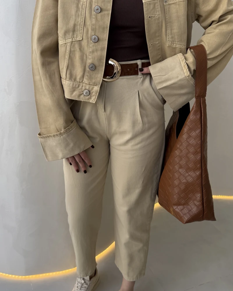 Cepli Gabardin Pantolon - Taş - Kod: 7847