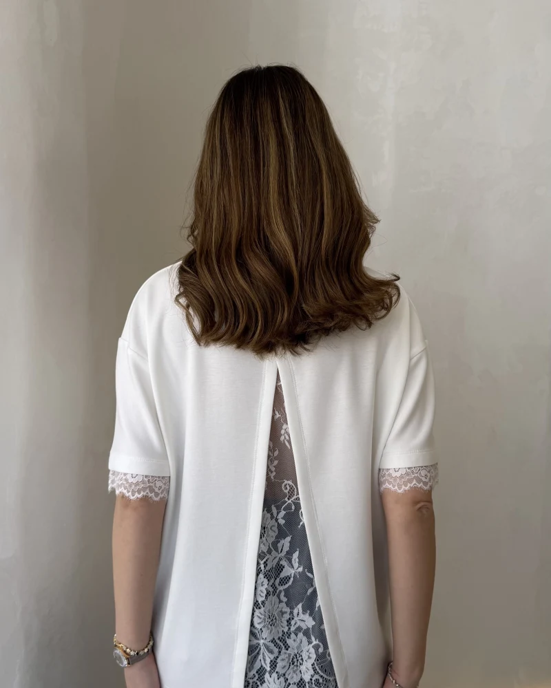 Sırt Dantel Detaylı Kısa Kol T-shirt - Ekru