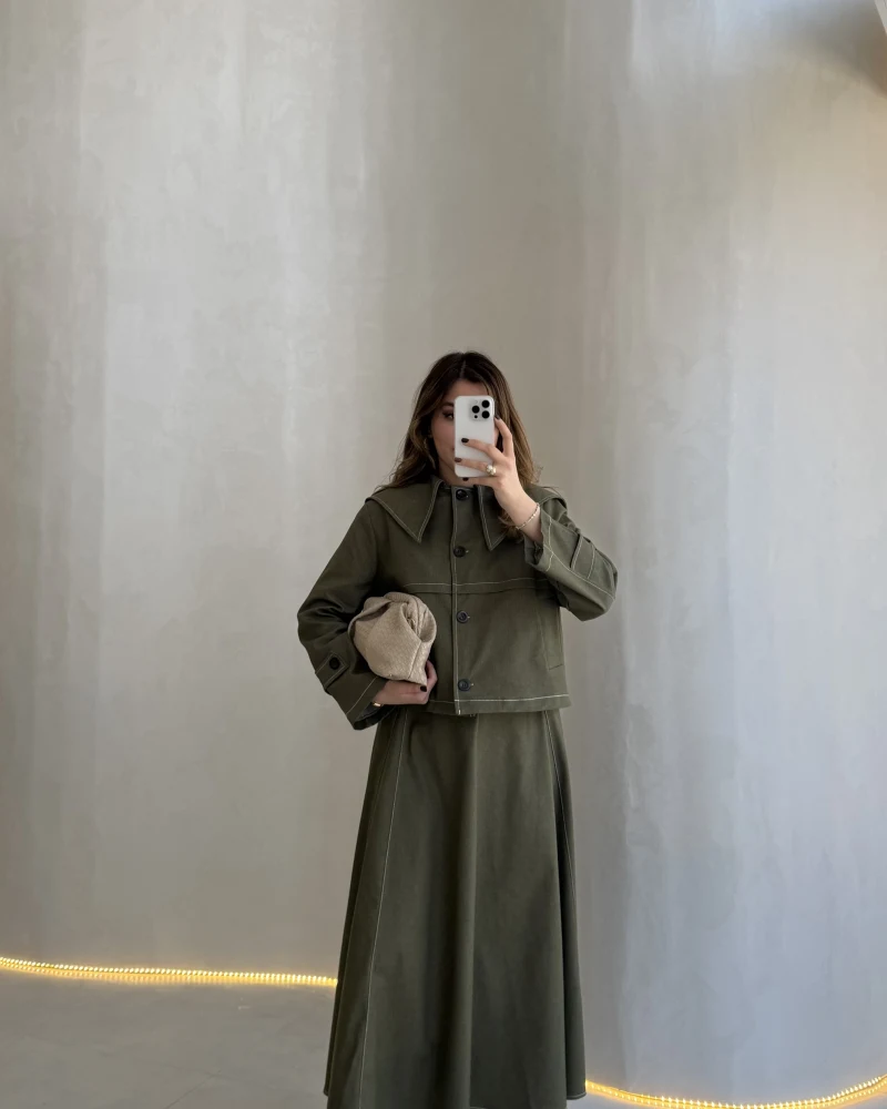 Serenity Pelerinli Denim Etek-Ceket Takım - Haki - Kod: 586