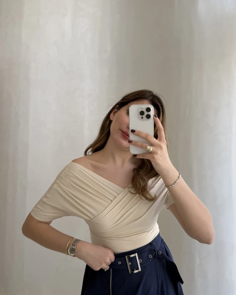 Dilvin Pile Detay Kayık Yaka Body Kod: 32659 - Bej