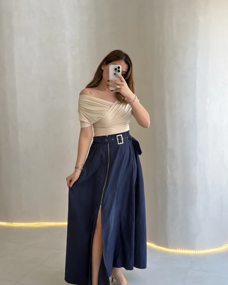 Paraşüt Kumaş Fermuar Yırtmaçlı Kemerli Etek - Lacivert