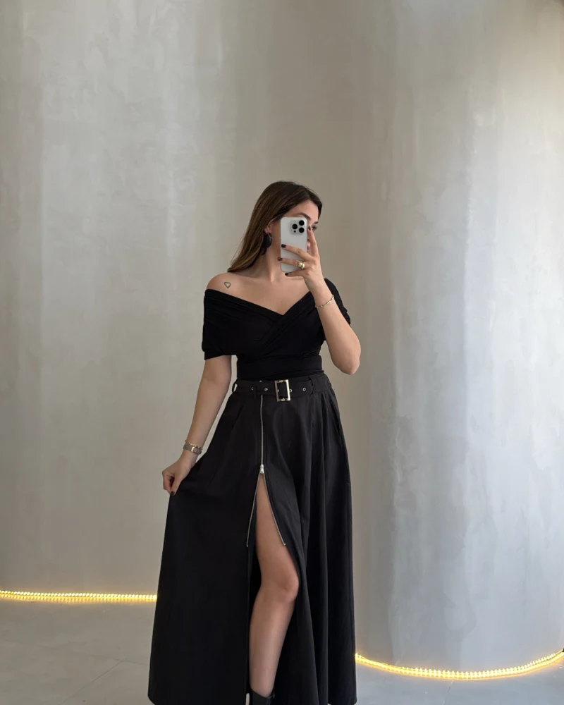 Paraşüt Kumaş Fermuar Yırtmaçlı Kemerli Etek - Siyah