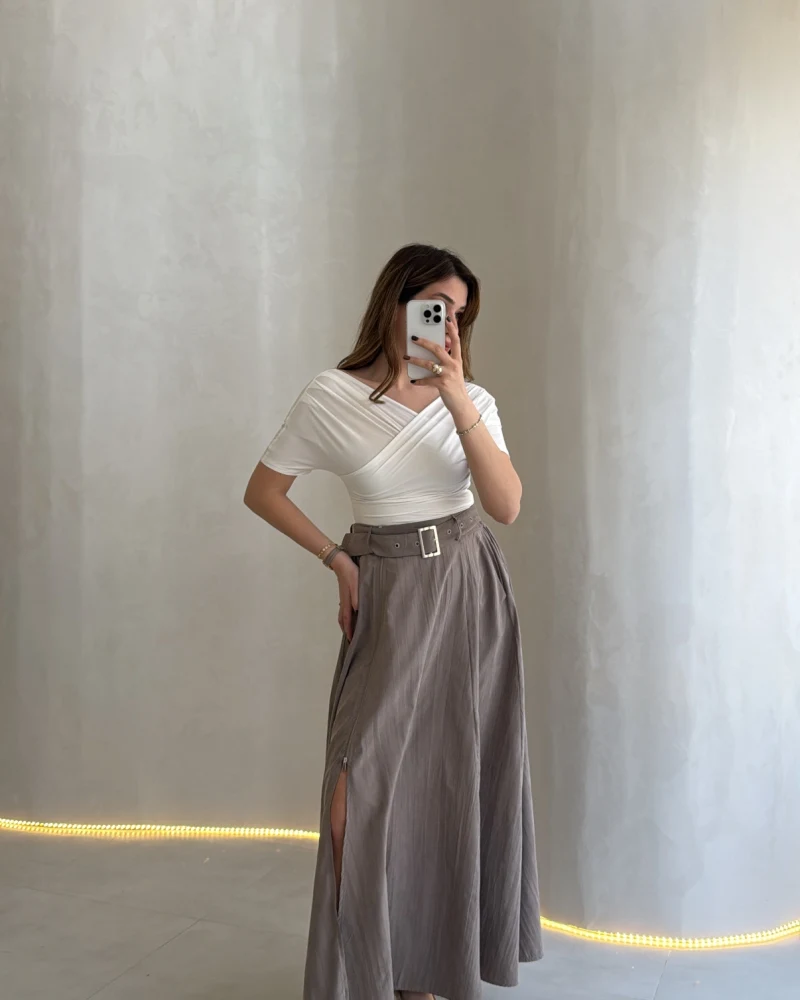 Paraşüt Kumaş Fermuar Yırtmaçlı Kemerli Etek - Vizon