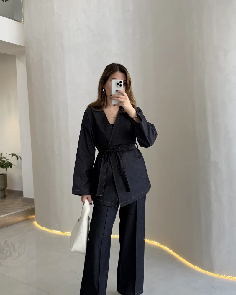 Freedom Denim Kuşaklı Pantolon Takım - Lacivert - Kod: 583