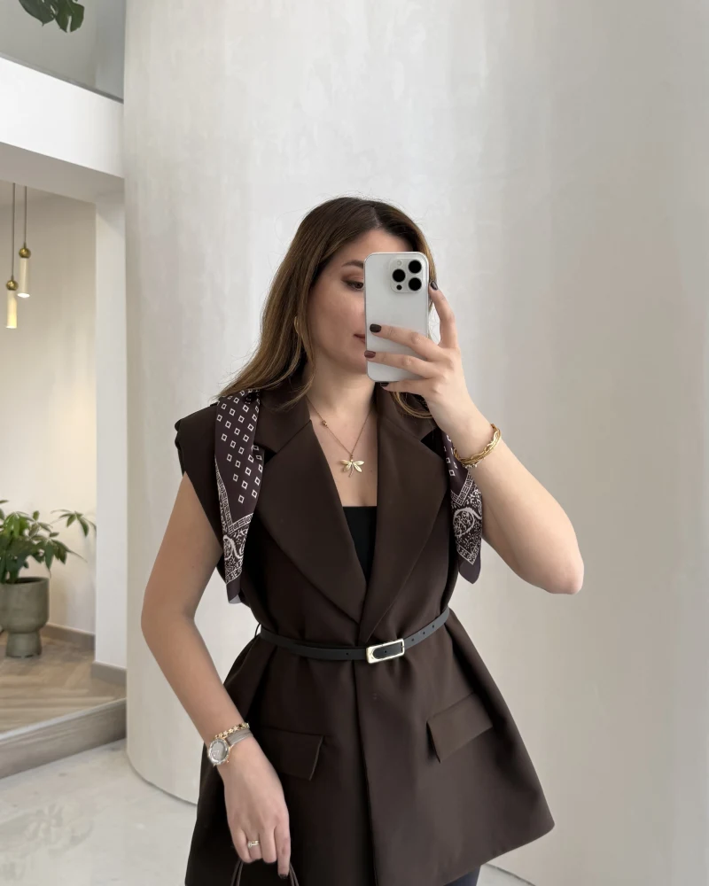 Sapphire Fular Detaylı Vatkalı Kemerli Yelek - Kahve - Kod: 7708