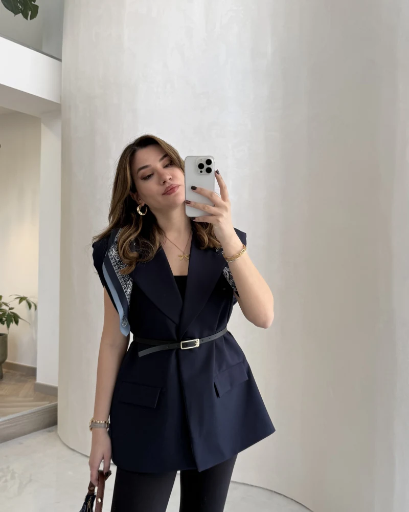 Sapphire Fular Detaylı Vatkalı Kemerli Yelek - Lacivert - Kod: 7708