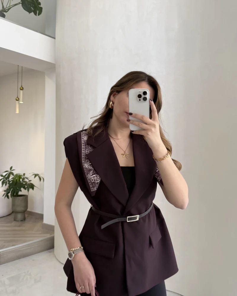 Sapphire Fular Detaylı Vatkalı Kemerli Yelek - Mürdüm - Kod: 7708