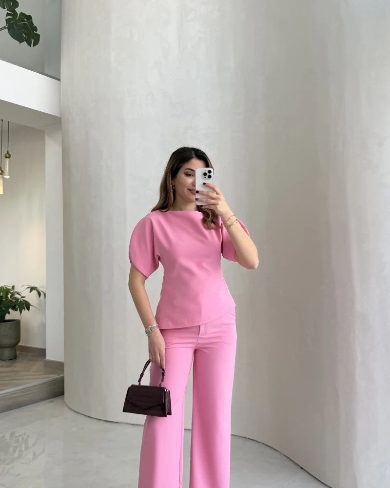 Ballet Kol Detay Bluz-Pantolon Takım - Pembe - Kod: 8089