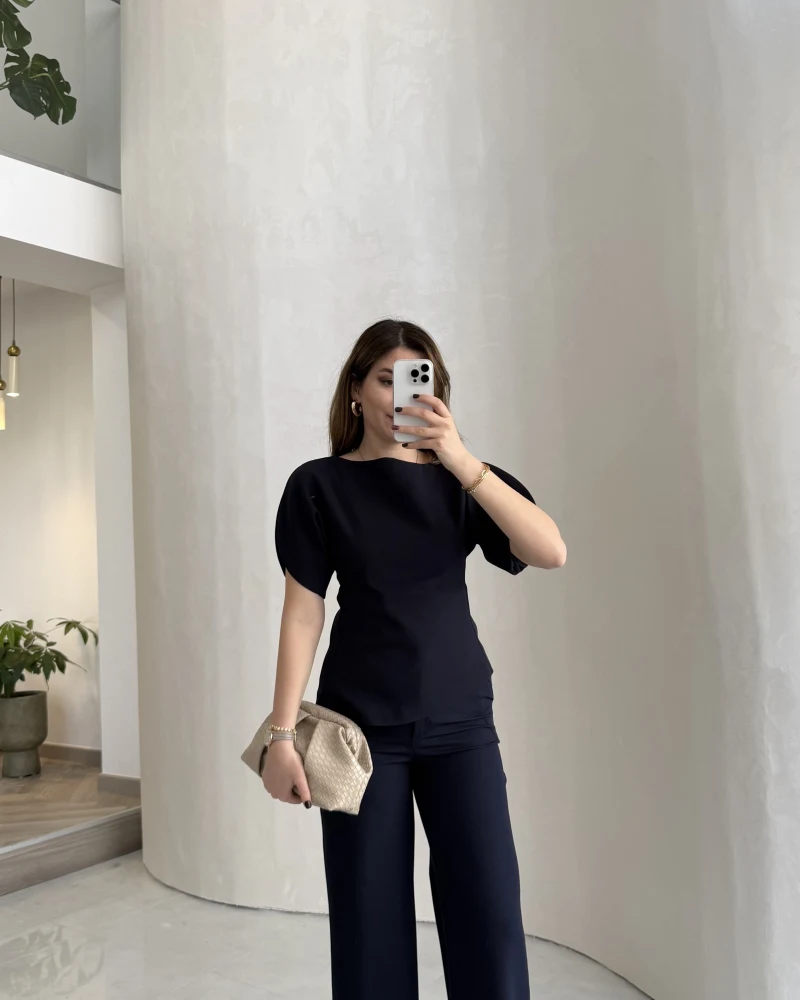 Ballet Kol Detay Bluz-Pantolon Takım - Lacivert - Kod: 8089