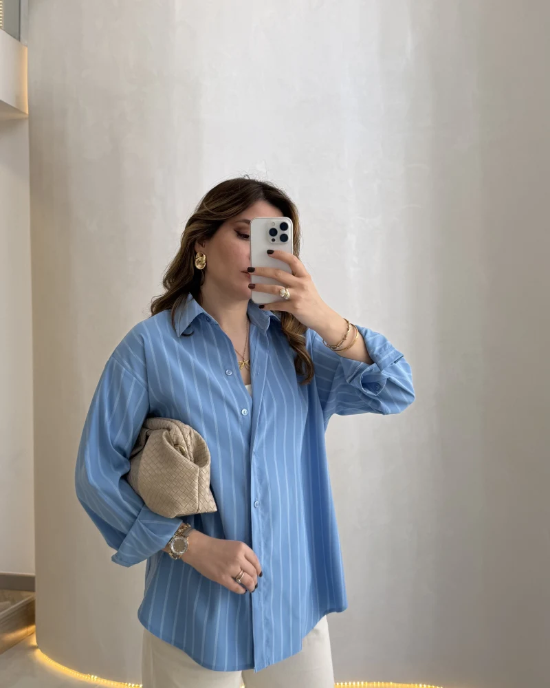 Cozy Çizgili Gömlek - Mavi - Kod: 2165