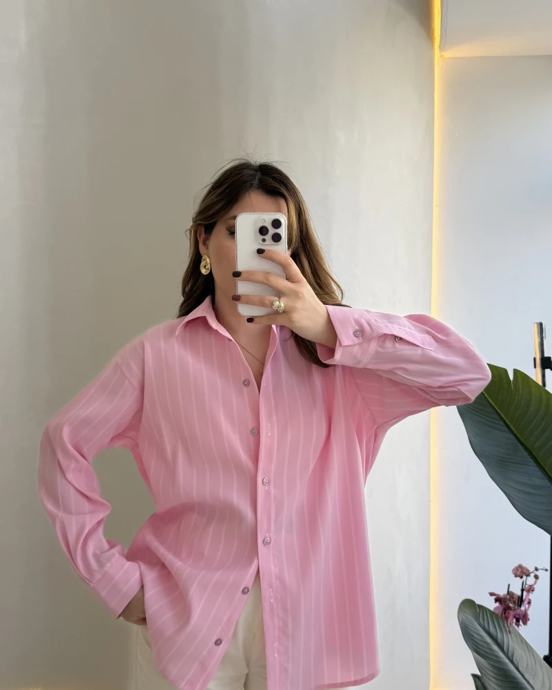 Cozy Çizgili Gömlek - Pembe - Kod: 2165