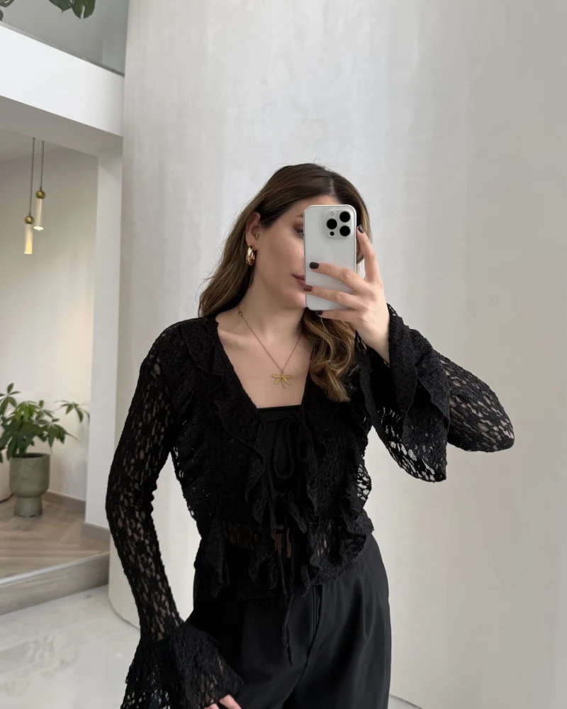 Harmony Fırfırlı Bağlamalı Dantel Bluz - Siyah - Kod: 1068