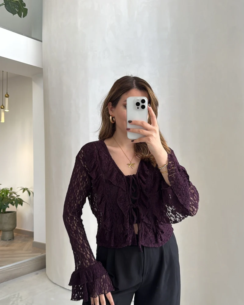 Harmony Fırfırlı Bağlamalı Dantel Bluz - Mürdüm - Kod: 1068