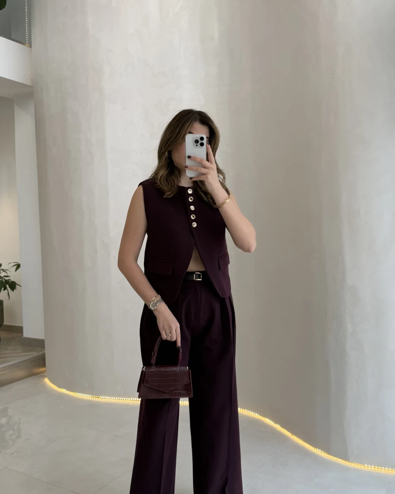 Comely Kemerli Yelek Takım - Mürdüm - Kod: 9716