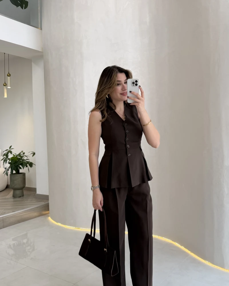 Lumiere Bele Oturan Sıfır Kol Düğmeli Takım - Kahve - Kod: 9041