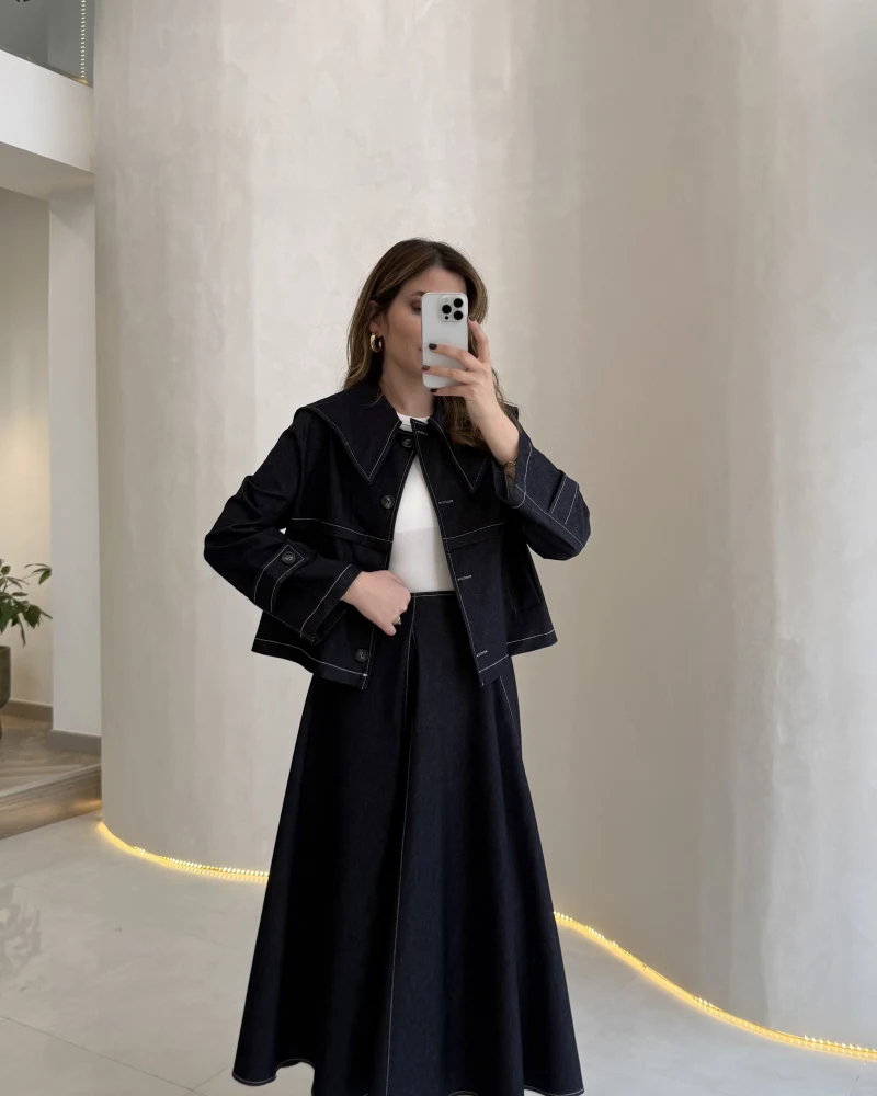 Serenity Pelerinli Denim Etek-Ceket Takım - Lacivert - Kod: 586