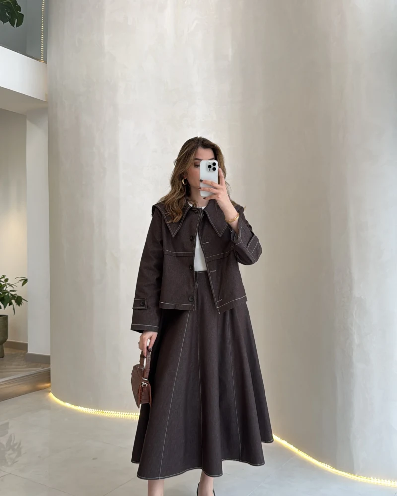 Serenity Pelerinli Denim Etek-Ceket Takım - Kahverengi - Kod: 586