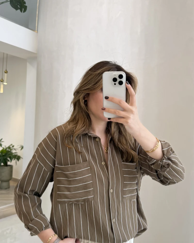 Sheep Çizgili Gömlek - Haki-Beyaz Çizgili - Kod: 2217