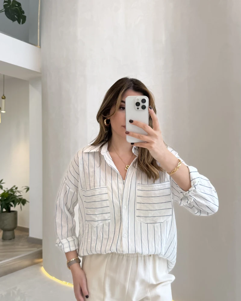 Sheep Çizgili Gömlek - Gri-Beyaz - Kod: 2217