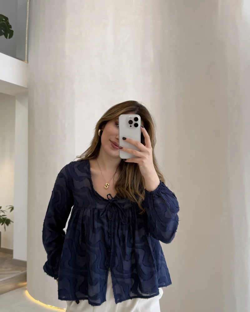 Elera Püskül Dokulu Bağlamalı Gömlek - Lacivert - Kod: 2248