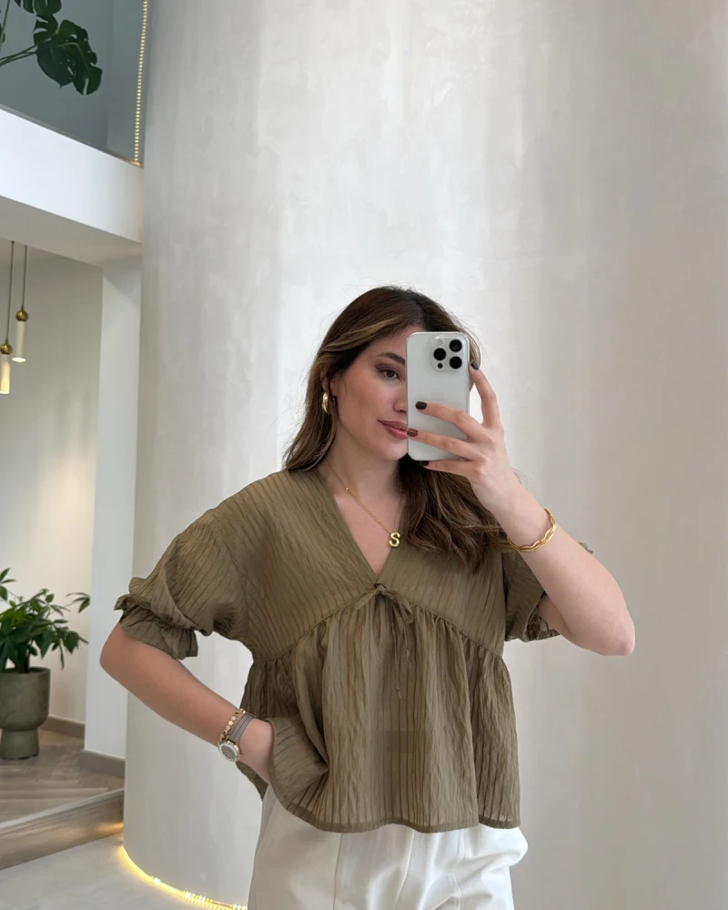 Çizgili Balon Kol Bağlamalı Bluz - Haki - Kod: 1057