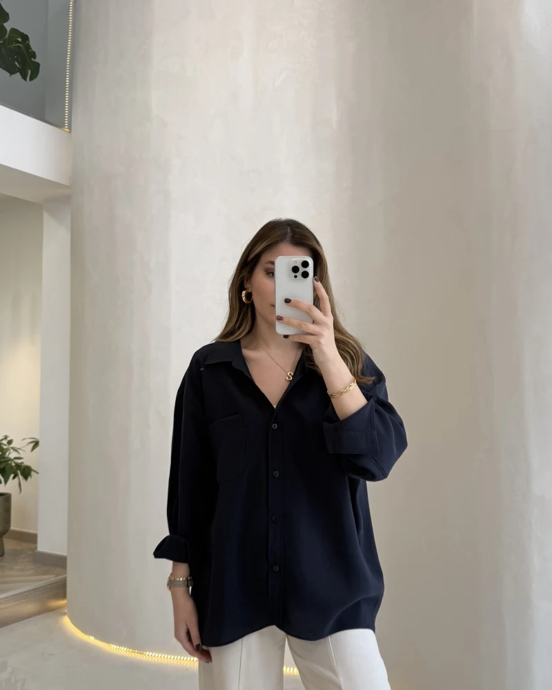 Düşük Omuzlu Modal Gömlek - Lacivert - Kod:5050