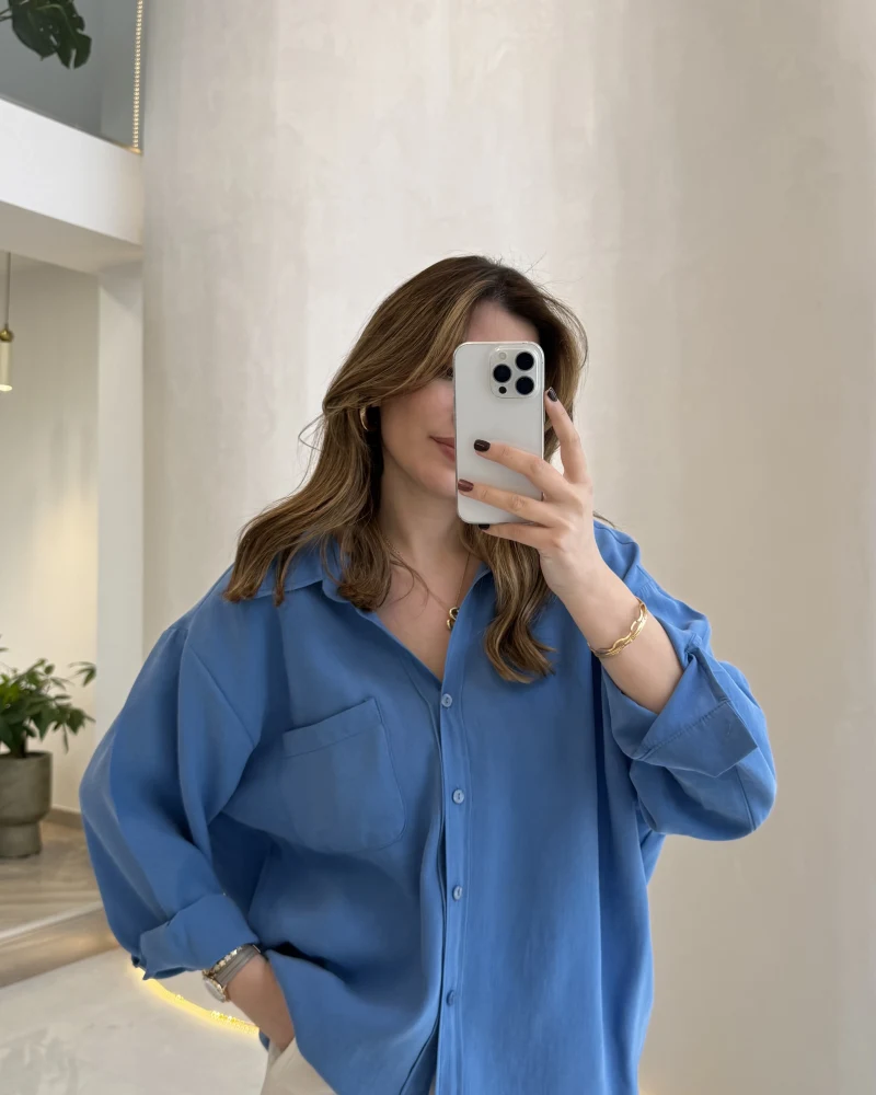 Düşük Omuzlu Modal Gömlek - Mavi - Kod:5050