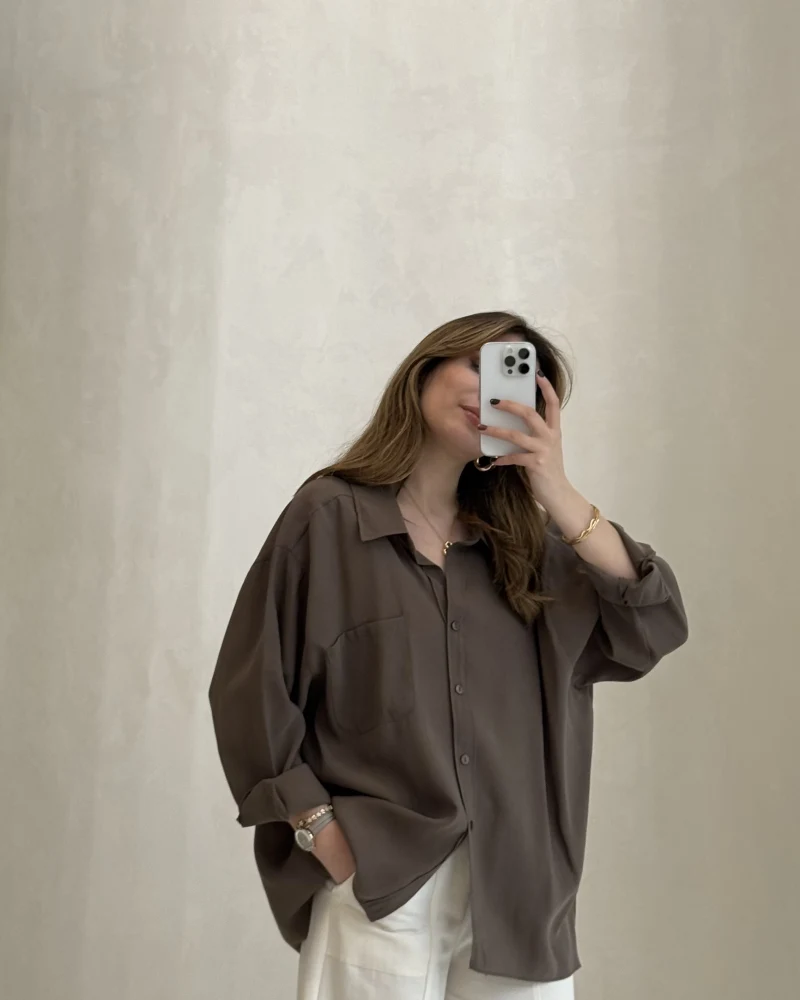 Düşük Omuzlu Modal Gömlek - Koyu Haki - Kod:5050