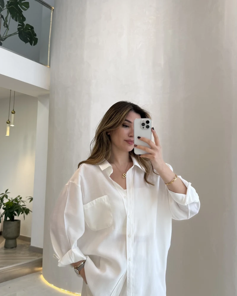 Düşük Omuzlu Modal Gömlek - Beyaz - Kod:5050