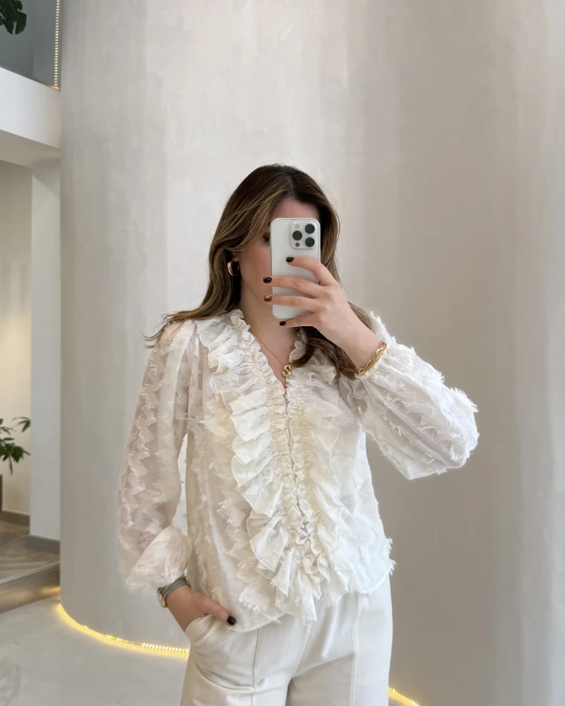Alina Fırfırlı Püskül Bluz - Ekru - Kod: 1076