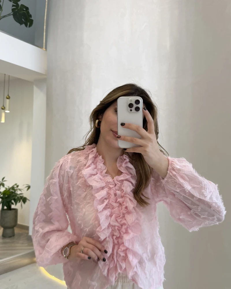 Alina Fırfırlı Püskül Bluz - Pembe - Kod: 1076