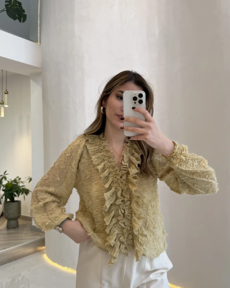 Alina Fırfırlı Püskül Bluz - Yeşil - Kod: 1076