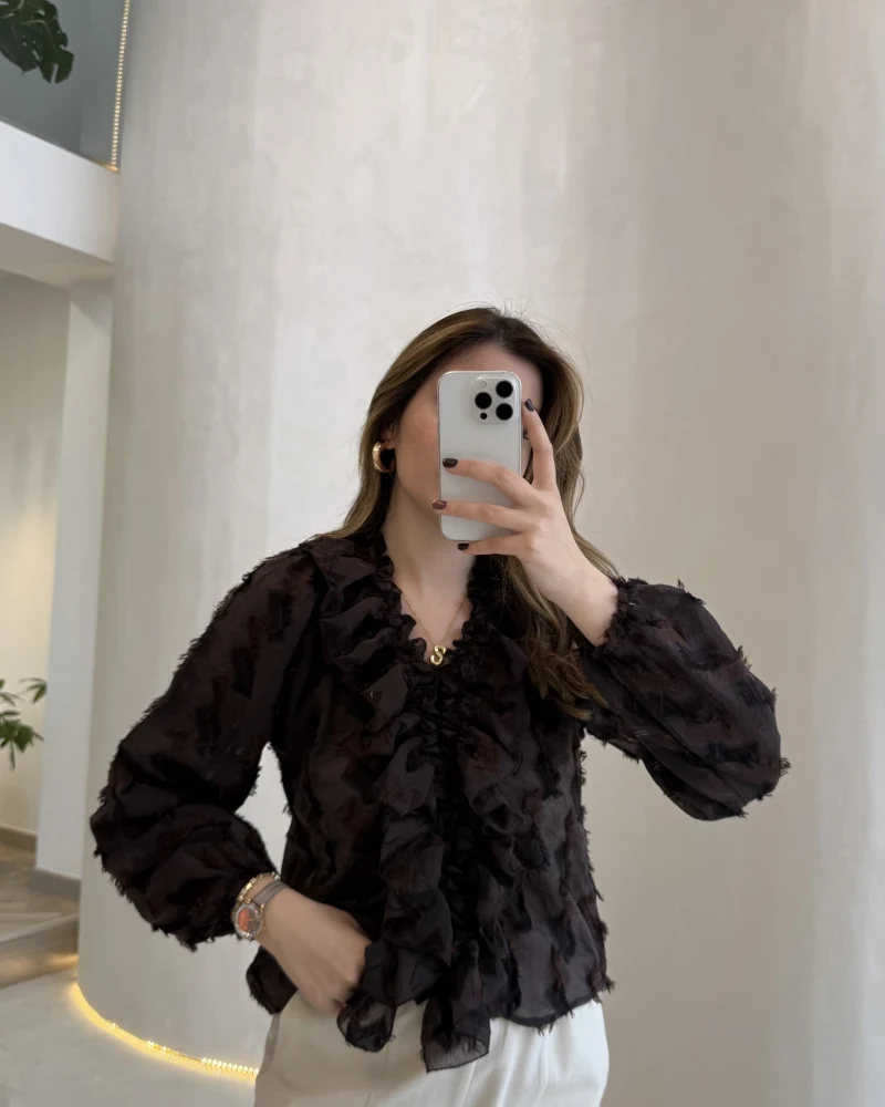 Alina Fırfırlı Püskül Bluz - Acı Kahve - Kod: 1076