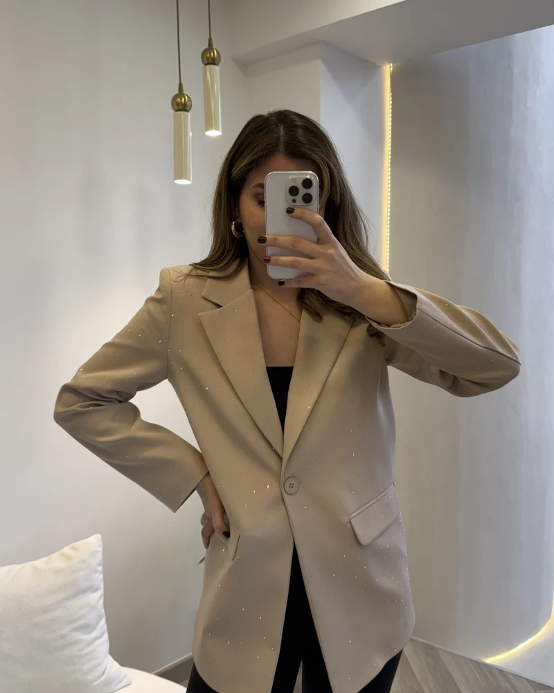 Taşlı Vatkalı Blazer Ceket - Bej - Kod: 98044
