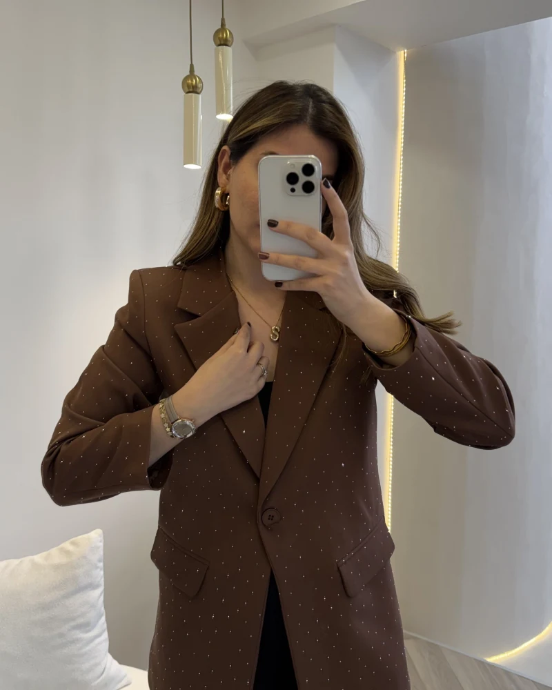 Taşlı Vatkalı Blazer Ceket - Kahverengi - Kod: 98044