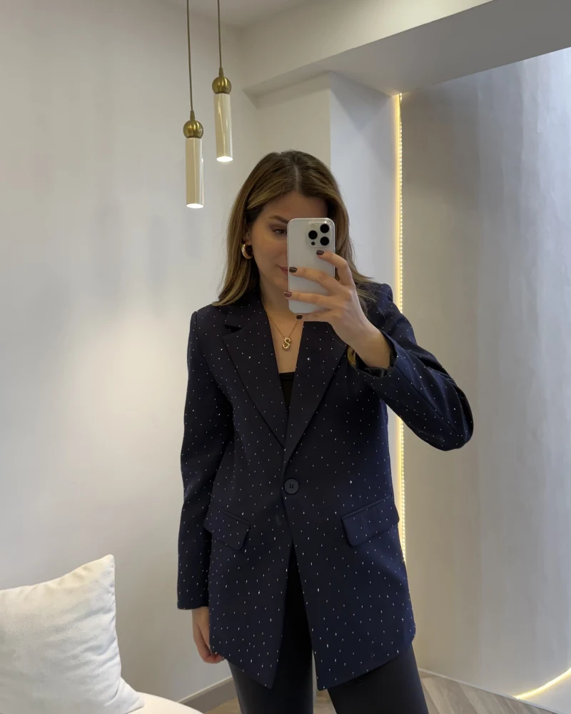 Taşlı Vatkalı Blazer Ceket - Lacivert - Kod: 98044