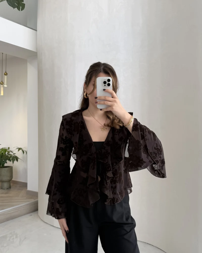 Peaches İçi Askılı Body Dokulu Fırfırlı Bağlamalı Bluz - Acı Kahve - Kod: 0908